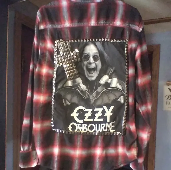 upcycled flannel shirt w/ custom OZZY OSBOURNE back patch and metal stud cross - Picture 1 of 4